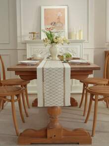1pc Bohemian Style Tablecloth, Home Dining Table Decor Table Runner, Rustic Vintage Tablecloth Decor, Suitable For Living Room, Holiday, Bridal Shower Gift - Khaki - View 5