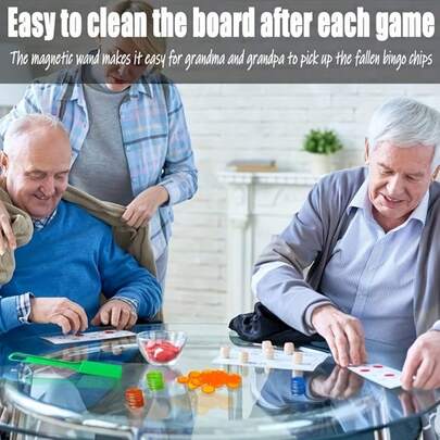 1根宾果棒 + 100张宾果卡。哎呀，卡片掉到地上了，到处乱滚。捡起来真是太麻烦了。不过，这套游戏套装完美解决了这个问题。游戏配件会被磁棒吸住。这款经典的宾果游戏套装适合多人游戏，鼓励您探索更多趣味游戏。它不仅适合玩宾果游戏，而且易于清洁和整理。