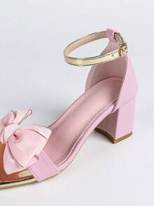 Womenshoes Women's Pink Square Toe Block Heel Sandals With Satin Bow & Metallic Ankle Strap Bridal Wedding Heels - Pink - View 6
