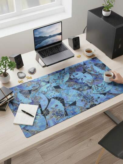 大号鼠标垫，防水防滑光滑布面，蓝金复古扇形艺术图案，可用作键盘垫、桌面垫或书架，适用于游戏玩家、办公室和宿舍，兼容鼠标和轨迹球，游戏玩家的理想礼物。