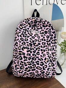 1个豹纹+字母贴布防水尼龙双肩包，大容量，拉链封口，甜美酷炫少女风，休闲通勤背包。 - 彩色 - 查看 2