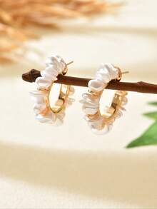 1对女士时尚简约优雅波西米亚风格手工串珠巴洛克不规则仿珍珠C形耳环 - 金色 - 查看 4