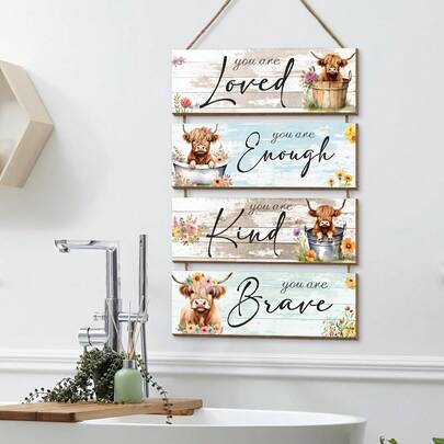 4pcs Rustic Farmhouse Style Wooden Wall Decor Set, Depicting Highland Cow, Size 11.41 X 18.11 Inches. This Farmhouse Porch Sign Features An Inspiring Message And Animal Themed, Suitable For Holiday And Home Decor
