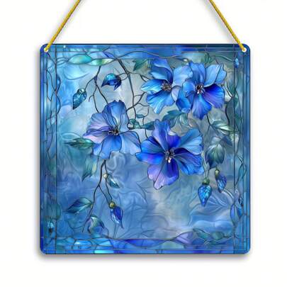 2D Flat Blue Floral Garden Sun Catcher, Vibrant Wall Art, Creative Sculpture, Unique Gift Idea, Indoor/Outdoor Wall Hanging, Suitable For New Home, Home Decor, Porch, Bedroom, Office, Yard, 2D Flat