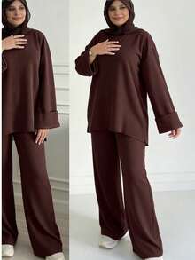 Elegant Plus Size Minimalist Ribbed 2-Piece Set, Suitable For Autumn/Winter Casual Wear, Featuring Round Neck And Batwing Sleeve Design. - Chocolate Brown - View 3