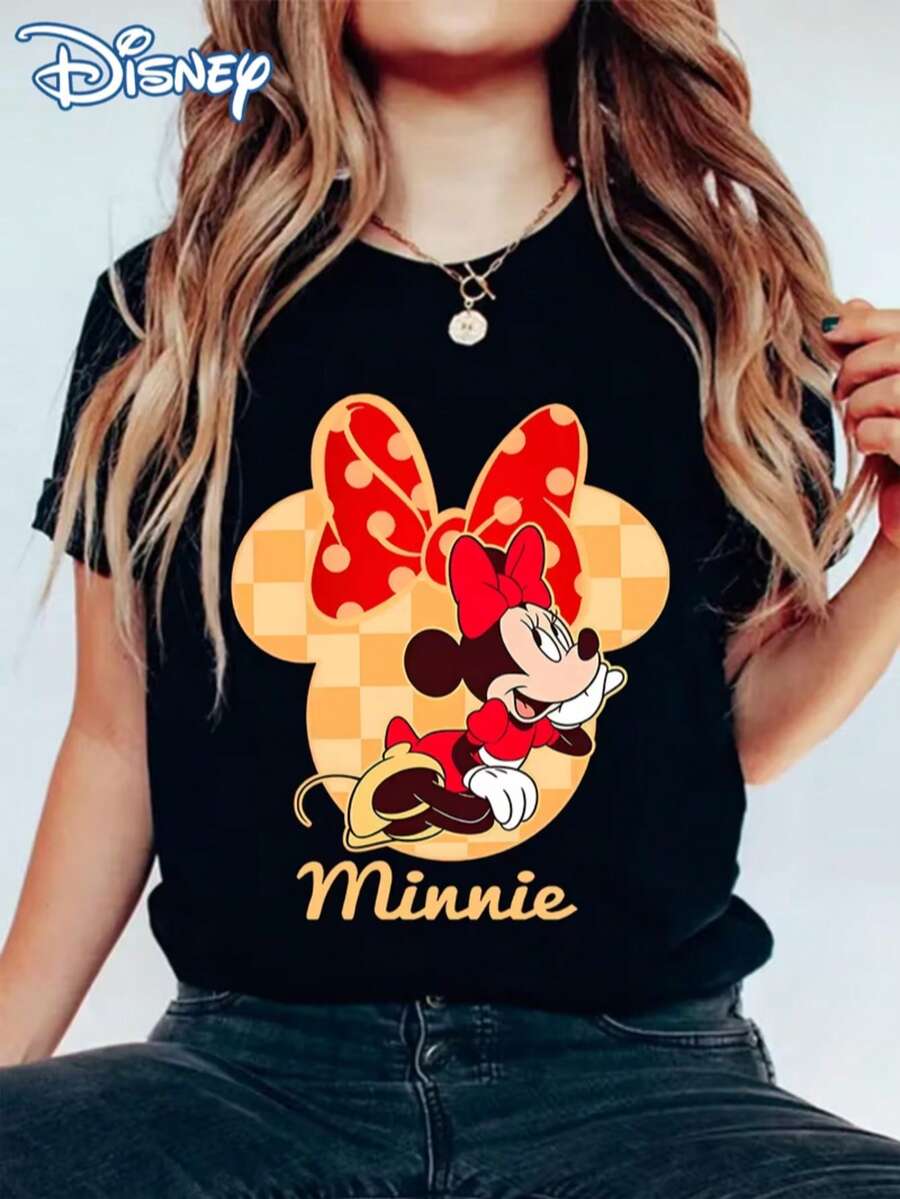 Disney Licensed! Polka Dot Bow Minnie Mouse Print Women's T-Shirt, Casual And Stylish Round Neck Short-Sleeved Summer Top, Youthful And Preppy Cartoon Sweatshirt, Perfect For Outdoor And Everyday Casual Wear. - 黑色 - 查看 1