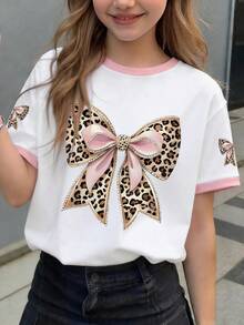Tween Girl Casual Round Neck Leopard Print Bow Design Short Sleeve T-Shirt, New Spring/Summer Fashion - White - View 9
