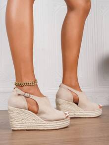 Women's Wedge & Platform Slip-On Espadrille Shoes, Black Round Toe Vacation Beach Woven Strap Sandals, Vacation Rope Sole Elastic Band Paired With Women's Shoes - Apricot - View 7