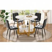 Dining Set (5 Pieces), Including A Table And Four Chairs, A Modern Kitchen Set, A Round Table 80 Cm In Diameter With Gold Metal Legs And Marble Effect MDF Top, And Grey Chairs. - Grey - View 2