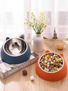 1pc Cartoon Cat Ear Design Round Pet Bowl, Anti-Slip Neck-Protecting Large Capacity Feeding Bowl - Multicolor - View 4