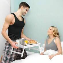 1件装竹制折叠桌腿床用托盘 - 带把手的早餐托盘，适合用餐、办公或享用小吃 - 耐用时尚，有白色、黑色、米色和棕色可选，半件套可用作笔记本电脑托盘、早餐托盘，适用于沙发、床、餐桌（黑色），圣诞礼物 - 黑色 - 查看 9