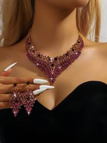 3件套几何不规则形状新娘女士时尚闪亮水晶项链套装，奢华珠宝套装，适合婚礼、高端宴会、高端晚礼服。 - 首飾套裝 - 查看 2