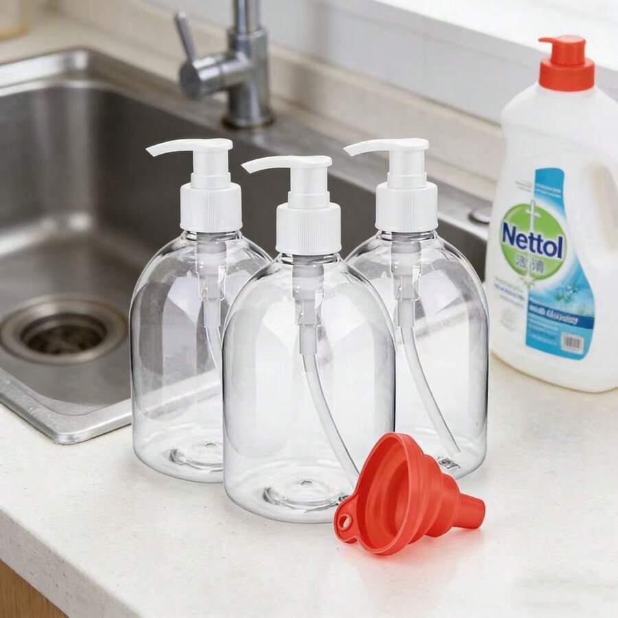 Set de 4 piezas, 3 botellas + 1 embudo. Botellas de plástico transparente de 500ml con bomba, contenedores rellenables de diseño plegable, adecuados para la cocina y el baño, dispensador de jabón de manos (tipo de bomba blanca) - Multicolor - Ver 1