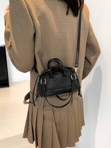Fashionable Solid Color PU Drawstring Mini Handbag, Metallic Color Crossbody Shell Bag For Women - Black - View 3