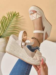 女士法式厚底凉鞋，夏季户外穿着，交叉绑带高跟坡跟厚底露趾罗马鞋 - 米色 - 查看 4