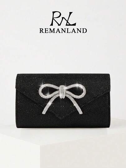 REMANLAND Minimalist And Premium Black Clutch With Glitter Texture And Crystal Bow, Featuring Clean Lines, A Refined Crystal Bow Accent And Streamlined Envelope Silhouette. Seamlessly Transitions From Office Meetings To Client Dinners, Blending Professionalism With Subtle Luxury. It Is The Best Gift For Women