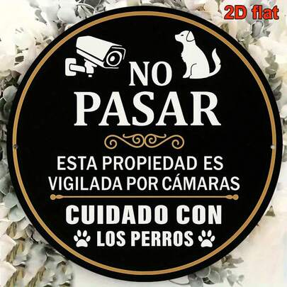 1pc 2D Flat - 2D Flat, Vintage Spanish "No Pasar" Security Camera And Warning Sign, Size 8" X 8" - Heavy Duty Iron Outdoor/Indoor Decor With Spanish Text - Suitable For Fences, Gardens, Room Decor, Pet Owners - Easy Installation, Pre-Drilled Holes As Shown In Size Chart