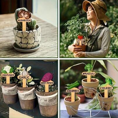 15pcs Wooden Garden Plant Labels, Minimalist Cartoon Plant Pattern, Suitable For Indoor/Outdoor Potted Plants & Garden Decor, Reusable Marker For Plant Lovers, Home Decor Gift