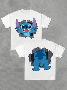 200 Grams Of Heavyweight Pure Cotton. Disney Stitch Wall-Breaking Double-Sided Printed.  Children's Clothing For A Family Of Four. Family Short-Sleeved T-Shirt. - 男孩白色 - 查看 2