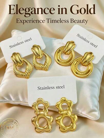 不锈钢耳环，金色几何造型不锈钢饰品，女士耳环，垂体耳环，镀金铰链圆形耳环，竹节纹理，钻石切割，六边形，方形，圆形，心形，水滴形，蝴蝶形，叶子，花朵，不规则形状，坚固耐用的低过敏性耳环，适合敏感耳，女士魅力配饰，中东时尚饰品，斋月装饰饰品，派对和节日礼物（1/3对）