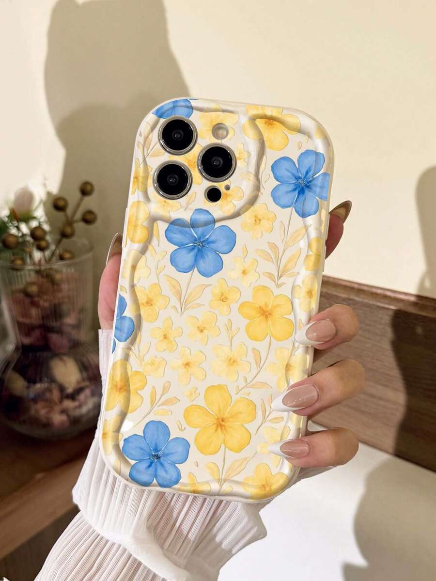 黄蓝花卉图案手机壳 - 兼容苹果 17/16 Pro Max、14/13、12、11 Pro Max、XS Max、X、XR、8、7、Plus、13 Pro Max、14 Plus。可作为生日礼物送给女朋友、男朋友或自己,作为手机保护壳。 - 彩色 - 查看 1