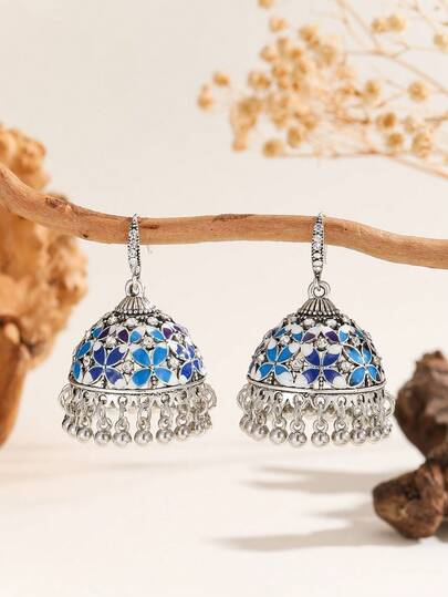 1 Đôi bông tai Jhumka sang trọng, thiết kế hoa pha lê thanh lịch thời trang với chuông, hạt và tua rua, phù hợp cho phụ nữ và bé gái đeo hàng ngày, dự lễ hội, đám cưới và tiệc tùng/Quà tặng trang sức