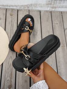 新款时尚金属扣装饰厚底坡跟拖鞋，时尚舒适，百搭耐脏沙滩凉鞋，适合日常穿着 - 黑色 - 查看 4