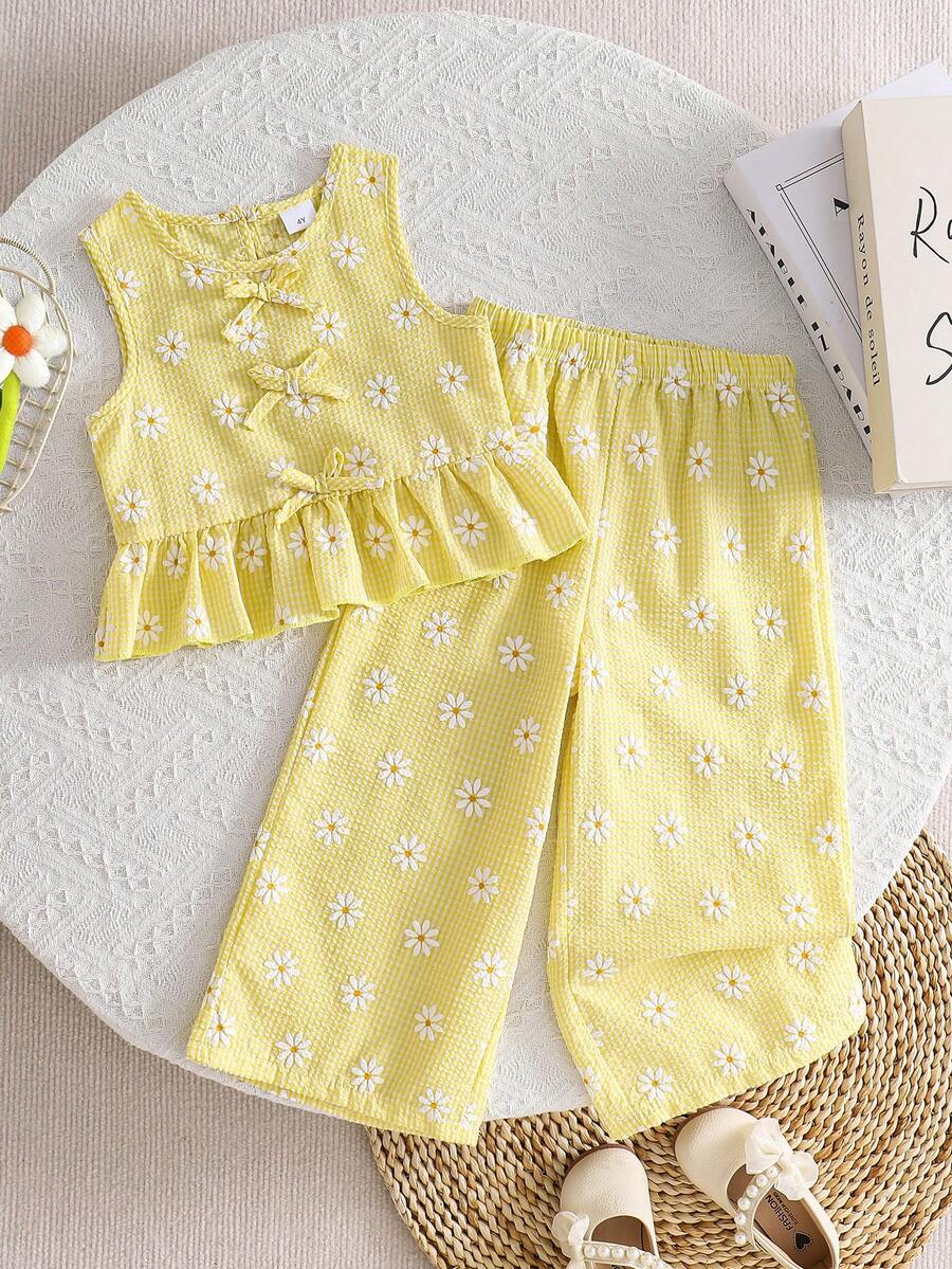 2pcs Girls Daisy Print Plaid Top And Pants Set, Summer