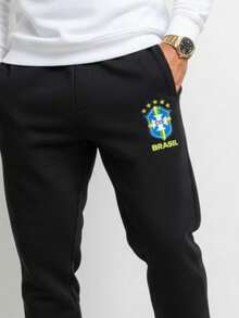 Men's Printed Sweatpants Brazil National Football Team Gym Casual Sports Jogger Pants With Pocket, Flannel Lining, Winter - 黑色 - 查看 1