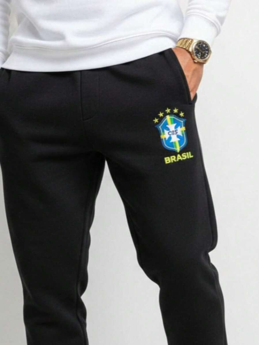 Men's Printed Sweatpants Brazil National Football Team Gym Casual Sports Jogger Pants With Pocket, Flannel Lining, Winter - 黑色 - 查看 1