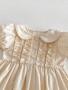 1件女婴休闲简约学院风泡泡袖彼得潘领连衣裙，夏季 - 杏色 - 查看 4