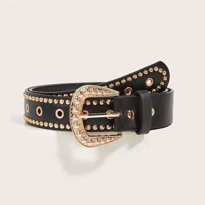 1条波西米亚极简时尚双排金色铆钉装饰黑色腰带，适合搭配迷你裙、牛仔裤、T恤，适用于派对、音乐会、聚会、生日礼物、毕业礼物、女性、母亲节礼物、户外活动、度假、旅行。