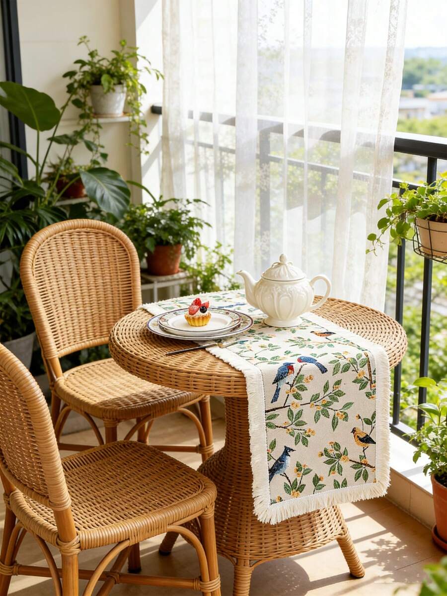 1 pieza Camino de mesa rectangular para primavera/verano, con patrón jacquard de pájaros frescos y hojas verdes, decoración con borlas beige, lavable, adecuado para mesa de café, mueble de TV, aparador del comedor, cocina, comedor, picnic, camping, fiestas, todo el año - Multicolor - Ver 1