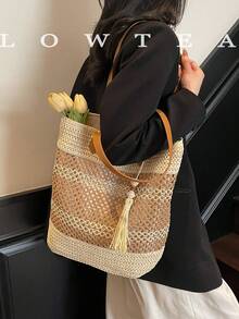 low tea 1 pieza Bolso de playa de paja con bloques de color, bolso de hombro de moda retro para mujer, diseño de doble asa superior, cierre con cremallera, adecuado para viajes, compras, citas, regalo para mujer, muy apropiado para ir a la oficina, actividades al aire libre, viajes, senderismo, salidas - Blanco - Ver 6