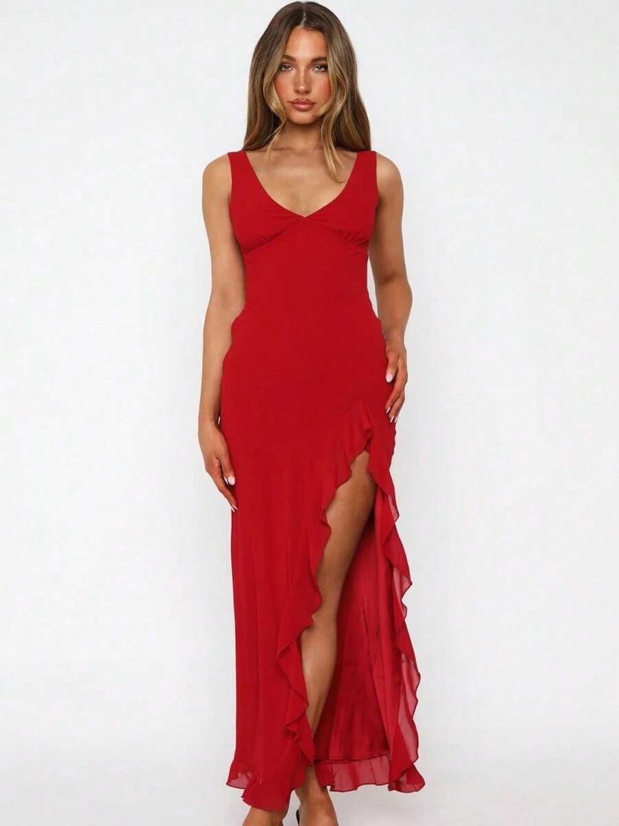 Summer New Sexy Lace Split Sleeveless V-Neck Wooden Ear Backless Dress - Màu Đỏ Sâu - Xem 1