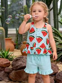 女婴西瓜印花荷叶边吊带上衣和浅绿色短裤两件套，可爱清新的夏季服装 - 薄荷綠 - 查看 2