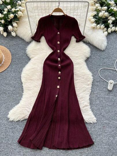 Women's Elegant Casual Knit Dress, Fashion Office Commuter Outfit, Fitted Slimming Knit Dress With Frill Cuffs, Women's Street Style Clothing, Suitable For Formal Evenings, Parties, Dates, Weddings, Birthdays Summer