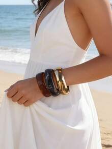 ZA 女士不规则波浪手镯套装 | 树脂镀金三件套，可叠戴，波西米亚风，复活节礼物，沙滩派对饰品 - 幾何手鐲 - 查看 10