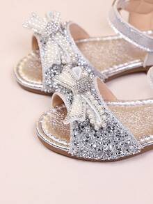 2026 Glitter Pearl Bow Girls Sandals, Silver Sequin Soft Bottom Anti-Slip Crystal Princess Shoes For Summer - Silver - View 6
