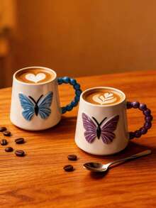 3D立体蝴蝶陶瓷咖啡杯、茶杯和茶壶套装，家用瓷杯，带圆珠笔手柄，适用于咖啡/茶，时尚设计，是送给女性、斋月、节日、聚会、居家或办公的理想礼物 - 彩色 - 查看 5