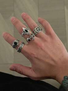 5件套哥特复古风水钻镶嵌十字架几何雕刻戒指套装，摇滚嘻哈设计，休闲简约，街头风，适合派对和日常佩戴，男女皆宜的时尚戒指礼品 - 戒指 - 查看 4