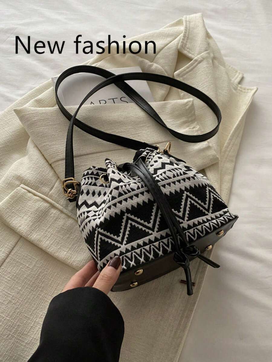 女士小号单肩包 波西米亚印花抽绳水桶包 斜挎包 长肩带 - 黑色 - 查看 1