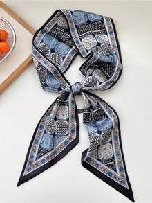 1 pieza Bufanda de seda larga, impresa por ambos lados, con tacto sedoso, adecuada para mujeres en primavera, otoño y verano, se puede usar como bufanda de cuello, cinturón, o para recoger el cabello - Multicolor - Ver 8