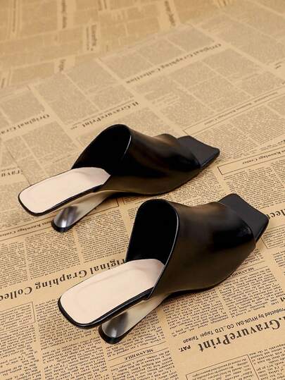 Women's Black Square Toe High Heel Slip-On Sandals, Casual Versatile Backless Mules