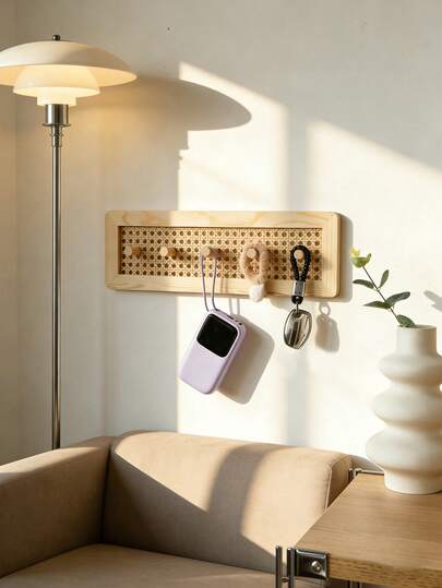 1pc Wood Color Rattan Decorative Wall Hook, Rectangular Pine Wood Key Holder Rack With 5 Hooks, Ideal For Bedroom, Corridor, And Entryway To Hang Keys And Small Accessories, Space-Saving Wall Mounted Organizer, Rustic Minimalist Home Decor, Durable Pine Wood Finish, Perfect For Neat Living Space, For Bedroom Entryway Organization And Corridor Hallway Styling, Farmhouse Chic Charm, Everyday Use, Gift Idea