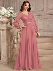 MIUSOL Elegant Floral Lace Deep V-Neck Lantern Sleeve Ruffle Hem Evening Maxi Dress Party Wedding Spring - Dusty Pink - View 5