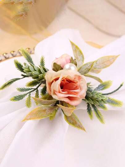1pc/2pcs Floral Napkin Rings, Creative Handmade Pink Rose & Green Leaf Napkin Holders, Suitable For Wedding, Home Dining Table Decor, Party