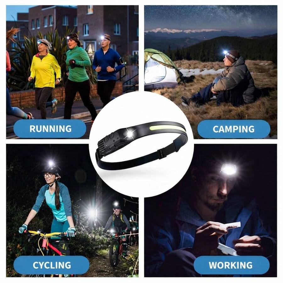 Lámpara frontal recargable con sensor de movimiento y luz LED potente para trabajo, camping y uso diario. Liga para cabeza ajustable, con iluminación y sensor. - Negro - Ver 1