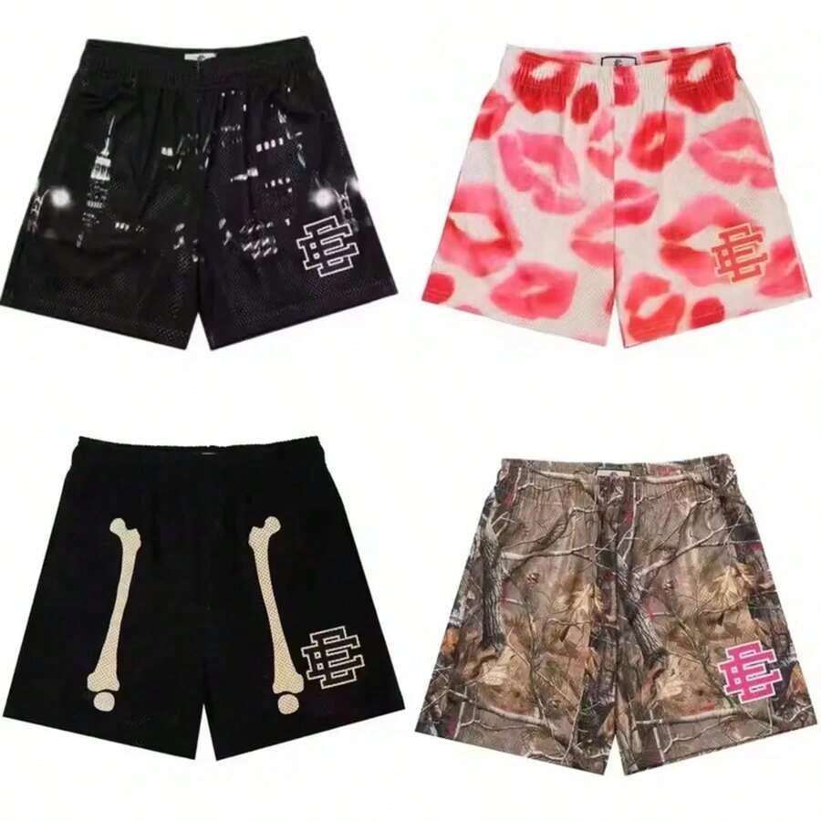 New Summer  EE Basic Mesh Short Classic Floral Printed Gym Shorts 2025 Men's Gym Basketball Sports Beach Shorts Men - 黑方子 - 查看 1