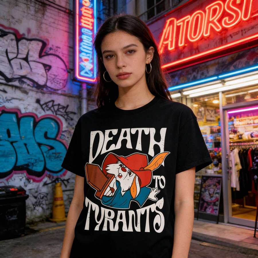 Women's Pure Cotton T-Shirt With A Revolutionary Rabbit Design, Black Pure Cotton Printed T-Shirt, Y2K  Streetwear, Suitable For Expressing Political Stance And Wearing Out At Night. - màu đen - Xem 1